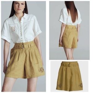 Rebecca Taylor Green Crochet Embroidery Pleated HighWaist Oversized Linen Shorts